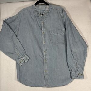 Vintage 90s Men’s XL Blue Railroad Stripe Grandpa Shirt Mandarin Collar